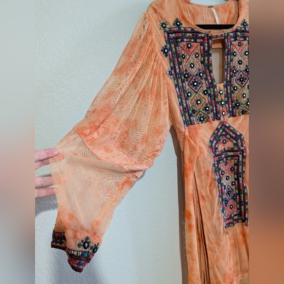 Free People Market Place Beaded Orange Sorbet Waist Tie Maxi Top XS Coral - Picture 6 of 16